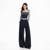Pantalones casuales rectos de corte holgado para mujer, estilo americano, cordón, de largo hasta el suelo, azul denim, pantalones azul denim extralargos