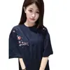 Marca Nacional de Moda Americana High Street Bordado Floral Camiseta de Peso Pesado Manga Corta para Mujer Verano Holgado Azul Marino Top de Media Manga