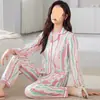 Pijama Feminino Quatro Estações Primavera e Outono 2024 Novo Manga Longa Malha Fina Roupa de Casa Cardigã Conjunto de Duas Peças
