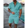 2023 Exportación Transfronteriza Moda Masculina Casual Traje Estampado 3D Cremallera Manga Corta Camisa Polo Pantalones Cortos Conjunto de 2 Piezas