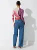 Bestseller transfronteiriço europeu e americano, blusa feminina de malha com gradiente rosa e roxo, gola redonda, manga longa, corte justo, sexy, transparente, para usar como base
