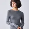 Camiseta interior de lana fina sin costuras para mujer, cuello redondo, alta elasticidad, corte ajustado, jersey de punto interior