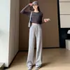 Calça de Toalha Grossa com Forro de Fleece 2026 Primavera Quente Casual Versátil Calça de Pernas Retas Cintura Alta Estilosa Calça de Pernas Largas para Mulheres