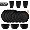 Plato cuenco taza de paja de trigo transfronterizo traje negro simple para el hogar regalo de Amazon traje de 16 piezas al por mayor