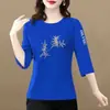 Comercio exterior transfronterizo ropa de maternidad, camiseta de manga tres cuartos para mujeres de mediana edad y mayores, corte holgado, talla grande, adelgazante, versátil, cuello redondo, top estampado