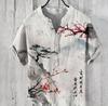 Anime Surf Impresión Digital Cuello en V de Hombre Jersey Lino Slub Casual Camisa de Manga Corta de 3 Botones