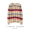 Cárdigan Rayado Redondo de Bloques de Color Retro, Suéter de Punto Trenzado, Chaqueta de Punto Vintage Rayada Arcoíris, Nuevo Cárdigan Otoño-Invierno