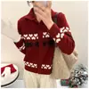 Cardigan suéter de tricô jacquard vermelho de gola alta, moderno e jovial, agasalho quente e grosso para mulheres