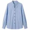 Foto real de camisa azul listrada de manga comprida estilo francês para mulheres, novo conjunto de outono estilo universitário, blusa top para o outono