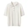 Baicai Terciopelo Cachemir Cuello Polo Manga Corta con Perlas 2026 Nuevo Estilo Coreano Calado Lunares Versátil Top de Punto