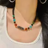 Colar de Ágata Negra Natural e Cornalina com Contas Dzi Corrente para Clavícula
