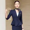 Conjunto de Traje sin Cuello para Mujer Primavera/Verano 2026, Manga Tres Cuartos, Azul Oscuro, Ceñido a la Cintura, Conjunto de Vestido Formal Profesional de Hotel de Alta Gama
