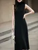 Vestido de Punto sin Mangas con Cuello Alto para Mujer, Nuevo Estilo Otoño e Invierno, Elegante Vestido Suéter Base Cálido de Longitud Media por Encima de la Rodilla