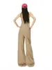 Yechuan # Peto Recto Color Caqui para Mujer, Mono de Mezclilla Versátil Holgado de Cintura Alta Estilo Retro Americano con Pantalones de Pierna Ancha.