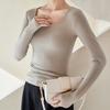 Camiseta básica de cuello redondo para mujer 2025 Primavera y Otoño Nueva Ajuste ceñido Hilo elástico de alta calidad Mangas largas acanaladas con camiseta top de talla grande