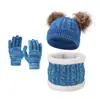 Conjunto de tres piezas para niños transfronterizo: gorro de punto de doble pompón, bufanda y guantes. Nuevo sombrero de lana multicolor de invierno para niños y niñas.