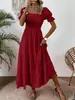 Amazon Europeia e Americana Verão 2026 Novo Comércio Exterior Transfronteiriço Vestido Longo de Gola Quadrada com Ajuste na Cintura Vestido Elegante de Manga Curta