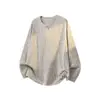 Camiseta base de punto acanalado estilo old money, cuello en V pequeño, estilo europeo y americano, manga larga, holgada, top casual para otoño e invierno