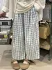 Calça simples estilo japonês para senhoras plus size, novo modelo primavera-verão para mulheres plus size, cintura alta, modelagem que emagrece, perna reta, casual, versátil, calça xadrez