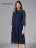 Vestido de Encaje Azul Primavera y Otoño Nueva Ropa para Mujer Holgado y Versátil Casual Marca Aspecto Adelgazante Falda de Corte A Moderno
