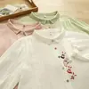 3670 Elegante y Juvenil Camisa de Gasa de Algodón con Bordado de Conejo y Botones de Colores, Manga Media, Nuevo Top Casual de Verano para Mujer