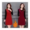 Vestido Elegante de Manga Longa Color Block com Forro de Veludo para Mulheres, Outono e Inverno, Tamanho Plus, Cintura Marcada, Emagrecedor, Camada Interna, Saia Curta Bodycon