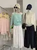 Conjunto de Tricô Fino de Manga Longa com Gola Redonda Estilo Coreano Omalai + Top de Amarrar no Pescoço Conjunto Versátil de Duas Peças para o Verão 7282