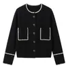 Cardigan de Tricô Clássico Nanyou de Tweed de Alta Qualidade com Costura em Cor Contrastante 2026 Outono Novo Suéter de Lã Elegante