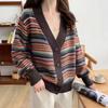 2022 Outono Novo Estilo Coreano All-match Loose V-neck Cor listrado Suéter Cardigan Jaqueta Suéter Top Mulheres