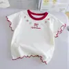 Camiseta infantil casual de algodão puro de manga curta 26 novo estilo de verão top bordado com laço para meninas roupa infantil versátil moderna 3