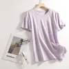 Camiseta de Seda de Manga Curta para Mulheres, Camiseta Versátil de Cor Sólida Branca de Algodão Mercerizado, Camiseta de Manga Curta com Gola Redonda e Decote V, Camiseta de Base para Mulheres