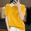 Camiseta de Algodón Puro con Bloques de Color, Cuello Polo, Manga Corta para Mujer, Versátil para el Trabajo y el Ocio, Top de Punto Holgado, Camiseta Básica Delgada de Verano