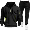 Conjunto de Sudadera con Cremallera Multibolsillos Forrada de Felpa para Hombre Otoño/Invierno 2026, Conjunto Casual de Dos Piezas con Sudadera con Capucha Única