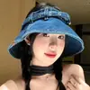 Chapéu Viseira Jeans Vintage para Mulheres, Chapéu de Proteção Solar para Primavera e Verão, Circunferência da Cabeça Grande, Faz o Rosto Parecer Menor, Sensação de Alto Padrão, Chapéu de Pescador com Topo Aberto