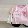Camiseta Manga Longa Outono Nova Infantil Coreana Desenho Animado Falsa Duas Peças Gola Redonda Camisa Base da Moda para Bebê Menina