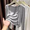 Cárdigan de Modal Negro con Protección Solar para Mujer, Chaqueta Exterior de Verano, Falda con Cinta, Chal, Chaqueta de Punto de Seda Helada para Habitación con Aire Acondicionado