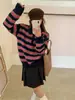 Suéter tejido de punto a rayas con cuello de solapa estilo perezoso para mujer, nuevo estilo de otoño e invierno, suéter suelto casual suave y pegajoso, prenda superior para mujer