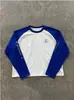 Camiseta raglan de manga comprida feminina vintage americana Y2k, bloco de cores unissex com estampa de letras, base casual solta, estilo de rua
