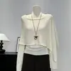 Suéter de punto de manga larga estilo coreano de dos piezas falsas para mujer, jersey de otoño, corte ajustado, elegante chal, top de dos piezas falsas