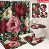 Juego de Cuatro Piezas de Cortina de Ducha y Alfombrilla de Baño con Diseño de Flores y Plantas Transfronterizas para Baño del Hogar, Cortina de Ducha Divisoria de Separación Seca y Húmeda, Cortina de Ducha Impermeable