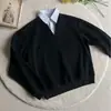 Moletom Masculino Outono Preto Falso Duas Peças Gola Camisa Cleanfit High-End Estilo College Manga Longa Camisa Polo