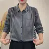 Camisa de algodón a rayas de doble capa, para primavera y otoño, cuello cuadrado, casual, de moda, manga larga, top versátil, holgado y adelgazante