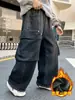 Z1333 Yang Temprano Niños Niños Mono de Terciopelo Jeans Niños Grandes con Forro de Felpa Engrosado Pantalones Largos Invierno Nuevo Moda