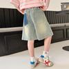 Shorts de mezclilla delgados y holgados de verano para niña, estilo retro desgastado con patchwork, casuales de pierna recta adelgazantes de pierna ancha