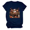 Camiseta feminina da Amazon Wish, transfronteiriça europeia e americana, de caimento solto, com estampas de bezerro de três cabeças, abóbora em carroça e folha de bordo, gola redonda, mangas curtas