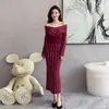 Vestido de Punto Rayado de Manga Larga, Suéter de Otoño e Invierno, Falda Base para Vestir, Falda Ajustada al Cuerpo, Ceñidor de Cintura, Adelgazante, Elegante Falda de Longitud Media