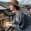 Chal grande de estilo étnico azul marino con estampado de cachemira, bufanda larga fina de algodón y lino para protección solar, para fotografía de viajes en Yunnan y Xinjiang