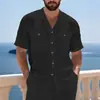 Nueva Camisa de Lino de Manga Larga para Hombre, Camisa Casual de Playa de Corteholgado con Cuello, Camisa de Manga Larga de Color Sólido