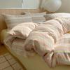 Juego de Cuatro Piezas de Algodón Puro Teñido en Hilo Lavado, Juego de Sábana Plana y Sábana Ajustable de Algodón Puro Estilo Japonés Muji para Dormir Desnudo