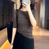 Nueva Blusa Elegante Simple de Cuello Redondo para Mujer, Moda Femenina, Ajuste Entallado, Manga Tres Cuartos, Versátil Camiseta Básica de Punto